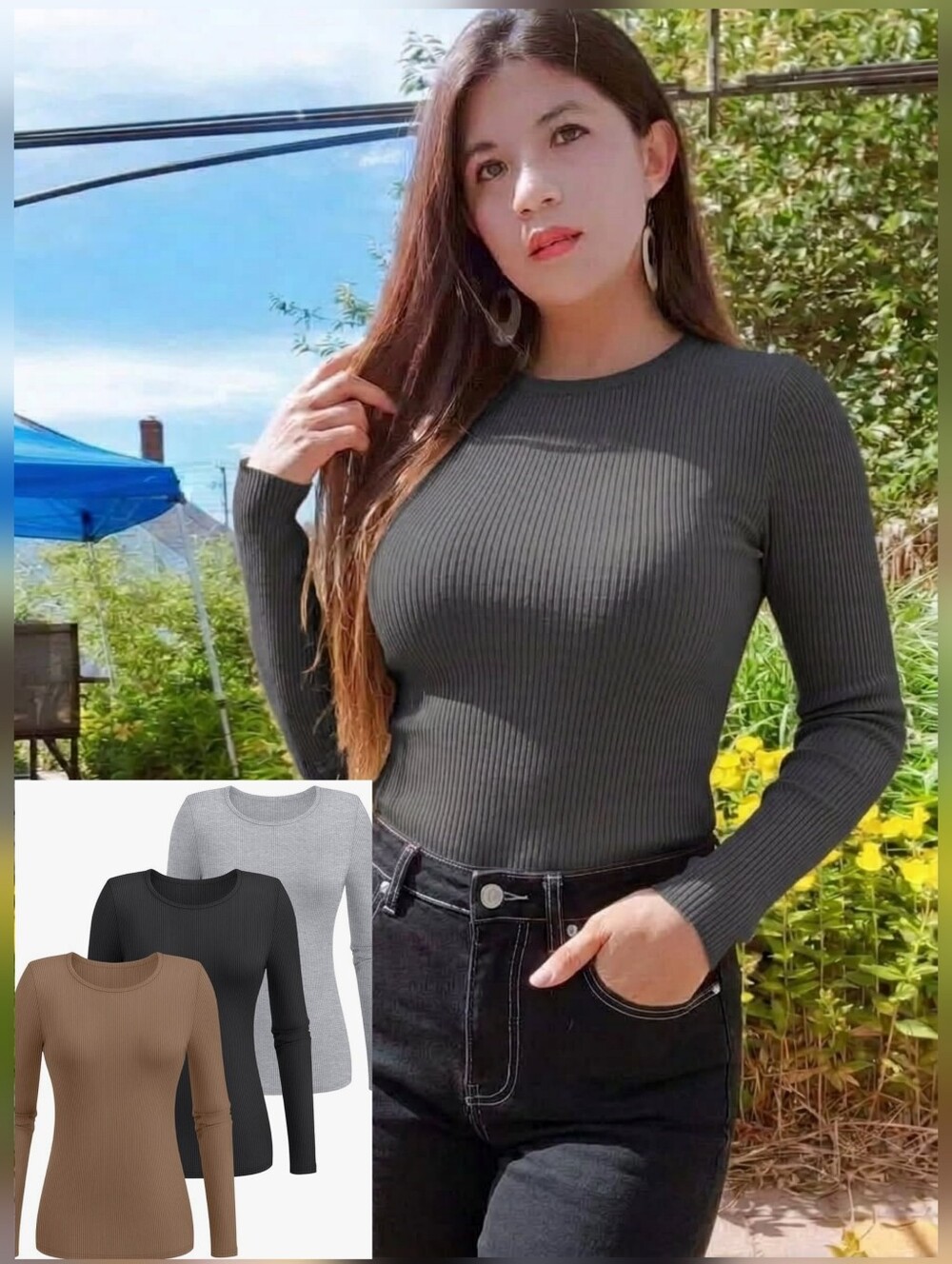 3pcs Ribbed Long-Sleeve Knit Tops Set - Fall Winter Casual Clothes